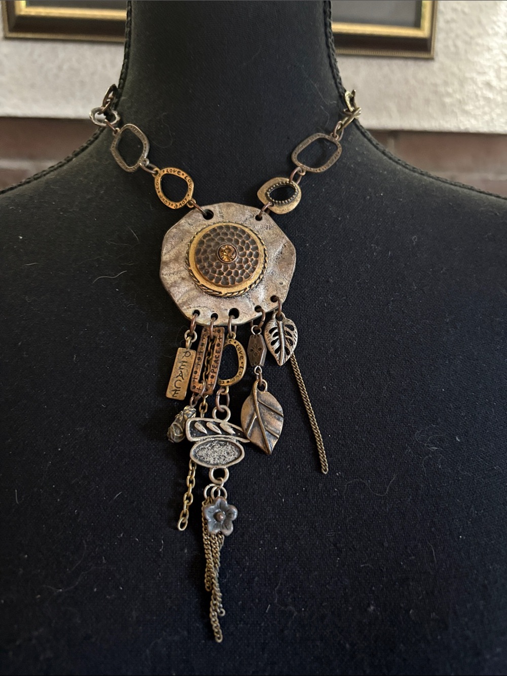 Antique Brass Bohemian Charm Pendant Necklace - Gold Tone